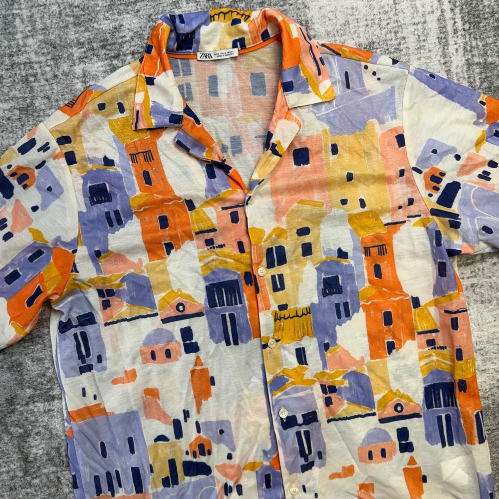 Zara Shirt Mens Medium Camp Resort Button Up Vibrant Artsy Mediterranean Riviera
